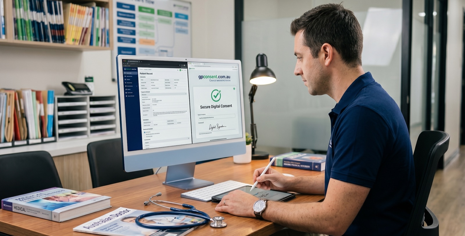 GP reviewing a patient record alongside the GPConsent secure consent screen