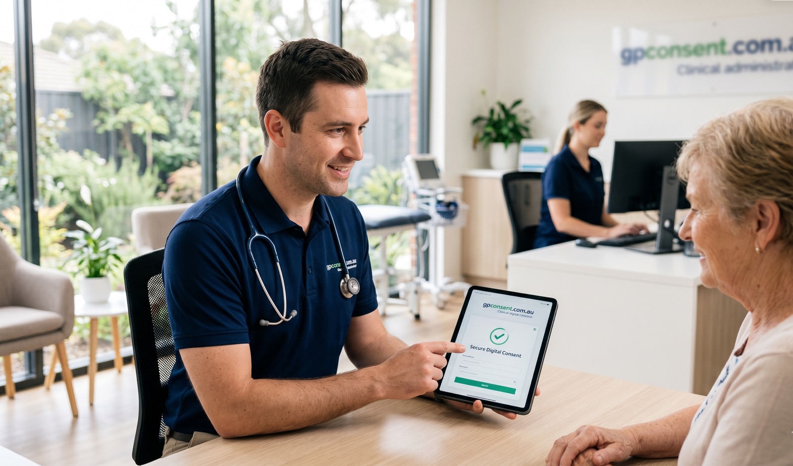 GP showing an elderly patient the GPConsent secure digital consent screen on a tablet