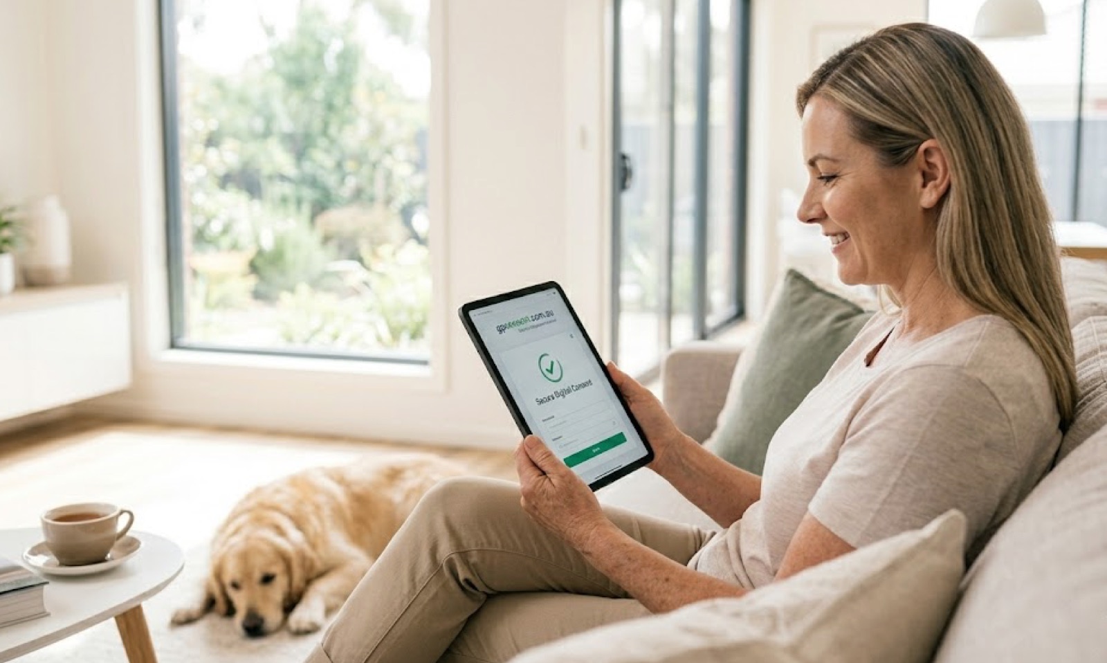 A family representative signing consent for a resident on a tablet at home